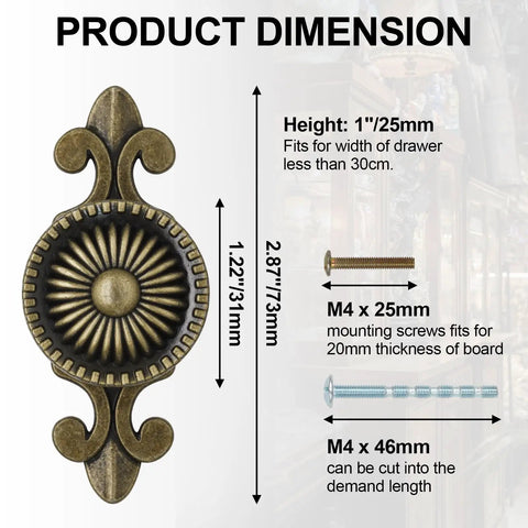 Dimensions of 8 Piece Vintage Cabinet Knobs Set In Solid Antique Brass With Backplates Mushroom Pull Handles detailed