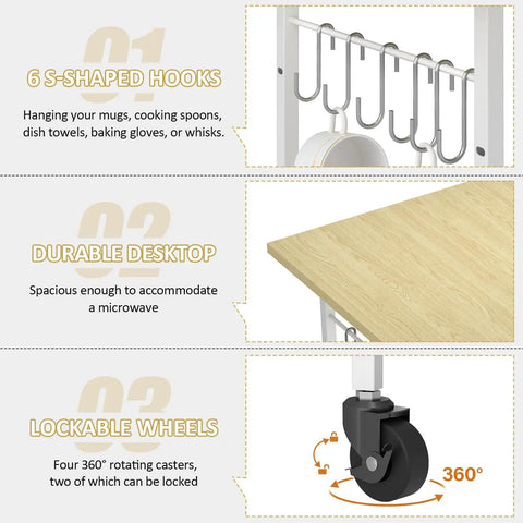 Rolling Kitchen Microwave Cart With 3 Tier Stand And Adjustable Shelf On Wheels featuring hooks, durable shelf, lockable wheels