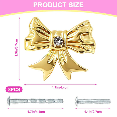 8 Pack Gold Bow Dresser Knobs Set For Cabinets And Drawers with screws shown in inches and centimeters