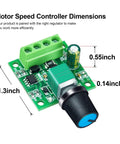 Low Voltage PWM DC Motor Speed Controller 1.8V To 12V 2A 24W Adjustable Driver Switch dimensions with green circuit board and knob