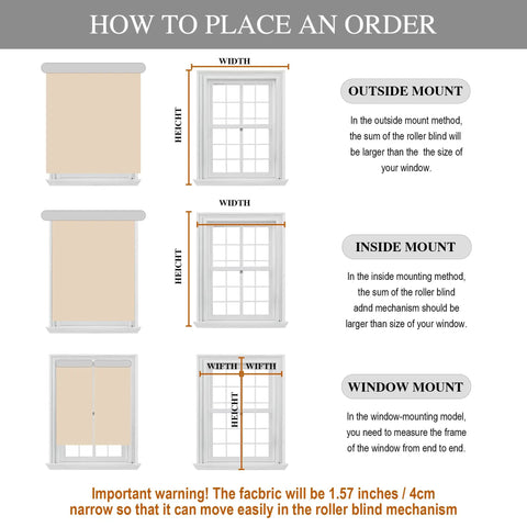 Guide on how to place an order for blinds with outside, inside, and window mount instructions, featuring size measurement illustrations.