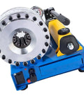 Solid Built Lightweight Manual Hydraulic Hose Crimping Tool Equipped With Seven Swappable Dies For Easy Peasy And Reliable High Pressure Tubing Field Projects close-up of tool with hydraulic handle and gauge.