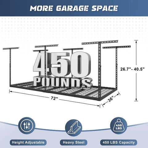 3x6 Ft Overhead Garage Storage Rack With Adjustable 26 To 40 Inch Height Heavy Duty Metal Ceiling Organizer 450 Lb Weight Capacity Easy One Person Install Durable Rack System For Sky High Storage illustration