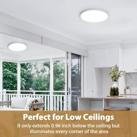 12 Inch LED Flush Mount Ceiling Light Fixture Ultra Bright Non Dimmable 28W 5000K Daylight 3200 Lumens shown in kitchen