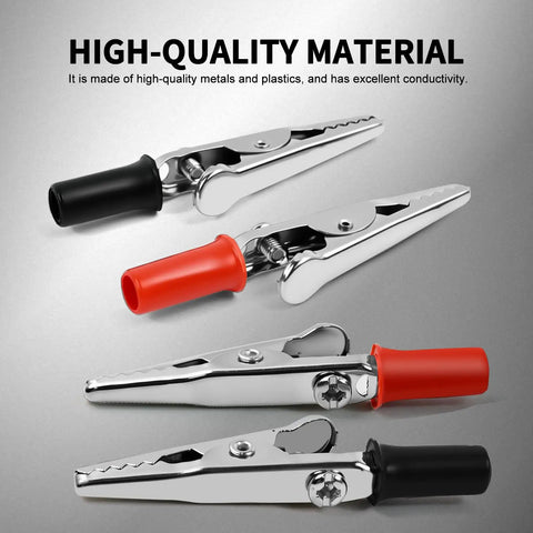 50 Pack Small Alligator Clip Test Clamps With Plastic Grips Red And Black 25 Each Kit for wires and joints displayed on a grey background