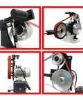 Heavy Duty 71 Inch Desktop Belt Sander Workhorse Featuring A Rock Solid 2200W Motor With Stepless Speed Control And Three Swappable Grinding Wheels For Killer Woodworking Projects, close-up view of grinding wheels.