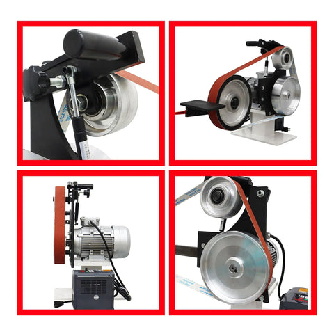 Heavy Duty 71 Inch Desktop Belt Sander Workhorse Featuring A Rock Solid 2200W Motor With Stepless Speed Control And Three Swappable Grinding Wheels For Killer Woodworking Projects, close-up view of grinding wheels.
