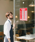 Two Piece Open Closed Sign Kit For Glass Doors And Windows In Bright Red And White, Hours Of Operation Signs displayed on café window