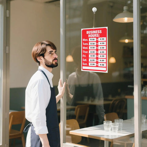 Two Piece Open Closed Sign Kit For Glass Doors And Windows In Bright Red And White, Hours Of Operation Signs displayed on café window