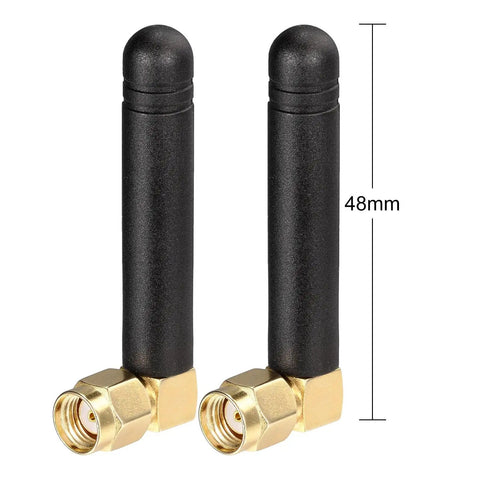 Mini Dual Band WiFi Antenna 2.4GHz 5GHz 5.8GHz MIMO RP-SMA Male Right Angle 2 Pack, black with gold connectors, 48mm