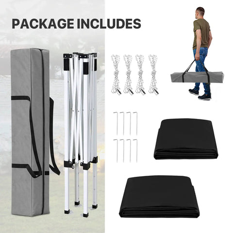 5x5 Pop Up Canopy Tent With Removable Side Wall, Easy Setup Portable Sun Shelter With Carry Bag, showing components and man carrying bag