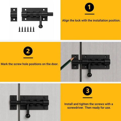 Instructional steps for Built Like A Tank 4 Inch Slide Door Lock Latch SUS304 stainless steel installation process.