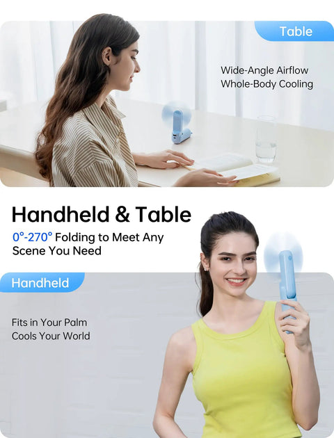 Woman using Power Bank Handheld Fan With 4500mAh Battery Folding Personal Fan for USB Or Battery Power 3 Speeds Ultra Portable