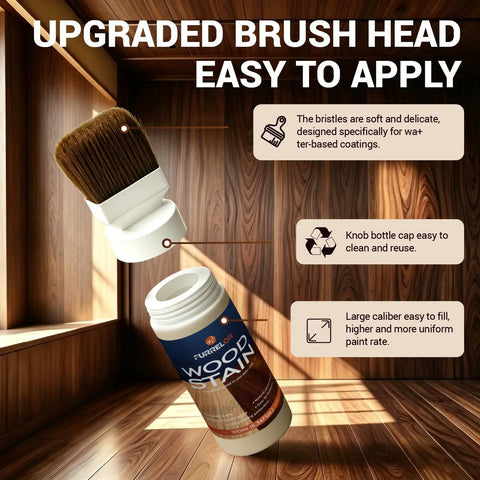 Upgraded brush and bottle of All In One Water Based Walnut Wood Stain And Sealer With Attached Brush Goes On Super Easy No Primer Needed.