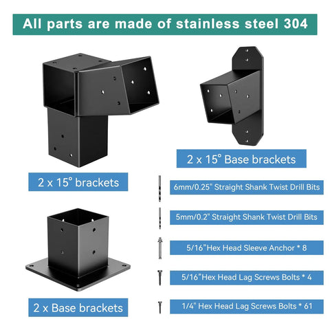 Two Pack Stainless Steel 15 Degree Slanted Roof Pergola Brackets for Wall Mounts 3 Way End Corner Black Outdoor Roof Kit for Pergolas and Firewood Sheds