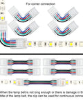 10 Pack 4 Pin 10mm Solderless LED Strip Light Connectors And 16.4 Ft Conductor Extension Cable shown in corner setup.