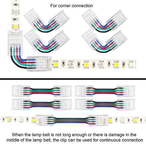 10 Pack 4 Pin 10mm Solderless LED Strip Light Connectors And 16.4 Ft Conductor Extension Cable shown in corner setup.