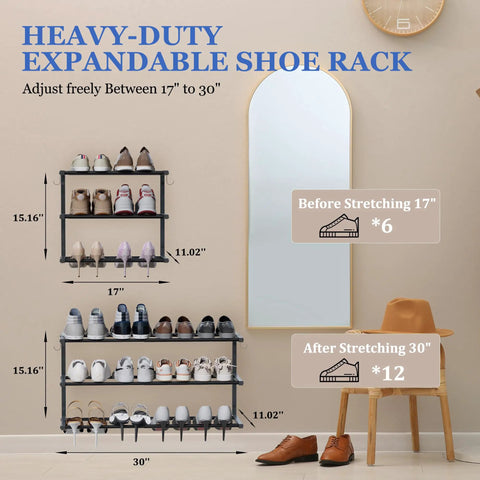 Two Pack Wall Mounted Shoe Rack Three Tier Hanging Setup Holds Twenty Four Pairs Adjustable Heavy Duty Rack Slick Storage Game Changer Clears Clutter Out Of Any Closet Black