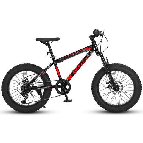 Black-red Fat Tire Kids Mountain Bike With 20X4 Inch Fat Tires Dual Disc Brakes Front Suspension 7 Speed All Terrain