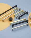 Dope Three Size Cabinet Pulls Set In Brushed Nickel Black And Matte Gold Finish on a colorful background, various sizes shown