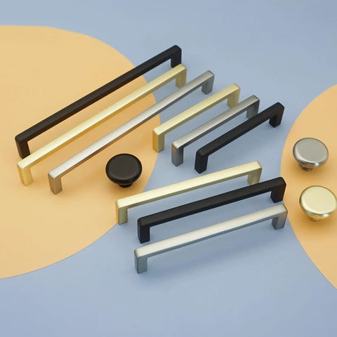 Dope Three Size Cabinet Pulls Set In Brushed Nickel Black And Matte Gold Finish on a colorful background, various sizes shown
