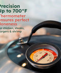 Close-up of thermometer on 12 Inch Stainless Cheese Melt Dome With Glass Lid And Built In Thermometer Up To 700 F Steam Vent.