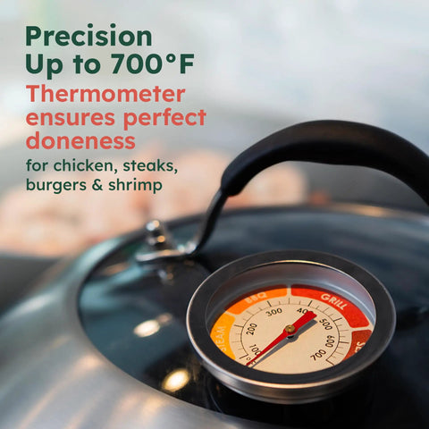 Close-up of thermometer on 12 Inch Stainless Cheese Melt Dome With Glass Lid And Built In Thermometer Up To 700 F Steam Vent.