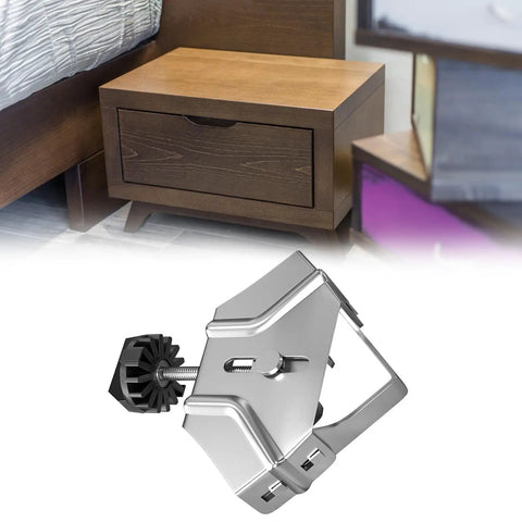 Heavy Duty 90 Degree Corner Clamp With Super Sturdy Grip For Woodworking Welding And Framing Jobs One Hand Operation Stainless Steel Workhorse displayed near a bedside drawer.