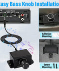 Universal 3.5mm Remote Bass Control Knob For Car Amplifier With 16 Ft Cable And Mounting Screws Plug And Play Upgrade with installation views.