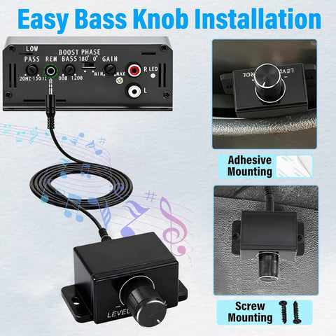 Universal 3.5mm Remote Bass Control Knob For Car Amplifier With 16 Ft Cable And Mounting Screws Plug And Play Upgrade with installation views.