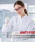 Real Deal ANSI Z87 Certified Safety Glasses featuring impact resistant anti fog and scratch resistant polycarbonate lenses worn in a lab.