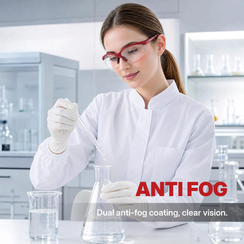 Real Deal ANSI Z87 Certified Safety Glasses featuring impact resistant anti fog and scratch resistant polycarbonate lenses worn in a lab.