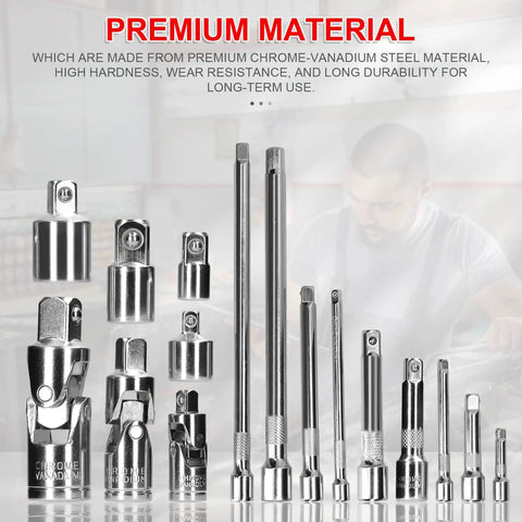 Top Notch 16 Piece Chrome Vanadium Socket Adapter Kit With Tough Extension Rods And Universal Joints For Pro Auto Shops And Home Garage Projects That Get The Job Done Super Fast, chrome vanadium steel adapters and extensions