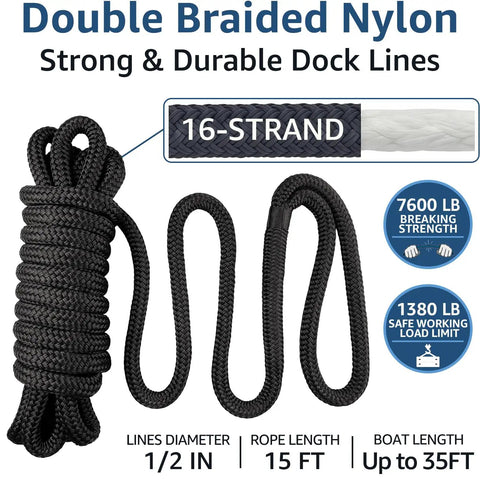 Half Inch Boat Dock Lines Fifteen Foot Nylon Rope With Twelve Inch Loop Double Braided Marine Grade Mooring Lines diagram