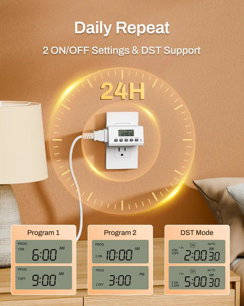 Indoor Digital Timer Outlet With 24 Hour Scheduling, displaying two on off programs and daylight saving settings