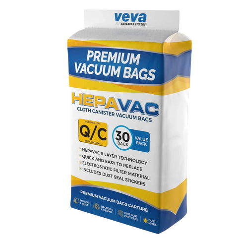 Type Q And C HEPA Vacuum Bags For Canister Vacuum Cleaners, 30 Pack packaging showing premium features and details.