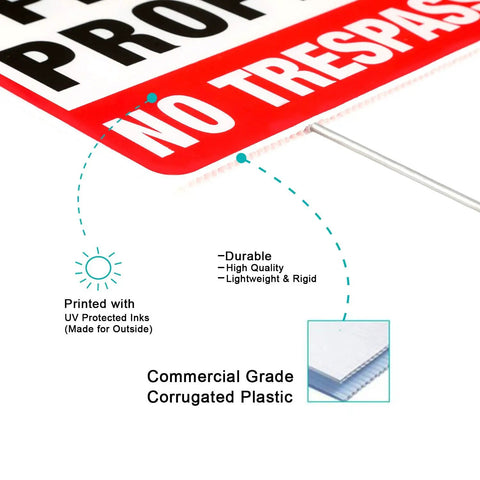 Close-up of "Private Property No Trespassing Signs 2 Pack With Metal H Stakes 12x9 Inch Corrugated Plastic Double Sided Yard Sign" showing material.