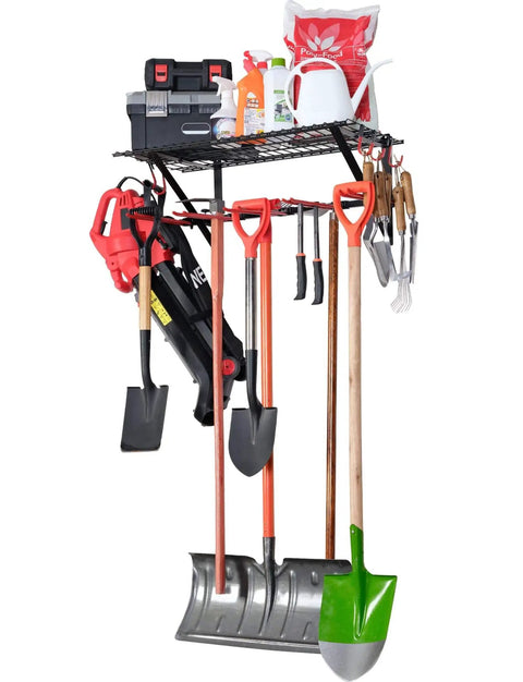 Wall Mounted Ski Rack With Dope Overhead Storage Shelf, Heavy Duty Steel Gear Organizer For Garage Or Shed, customizable spacing