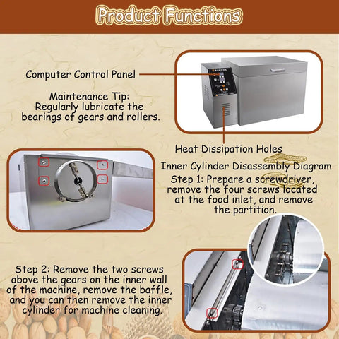 No Sweat Heavy Duty Electric Coffee And Nut Roaster With Auto Timer And Adjustable Temperature Dial control panel and maintenance tips.