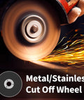 Two Inch Cut Off Wheel Kit With One Quarter Inch Stem Mandrel For Die Grinder showing sparks when cutting metal and stainless steel.