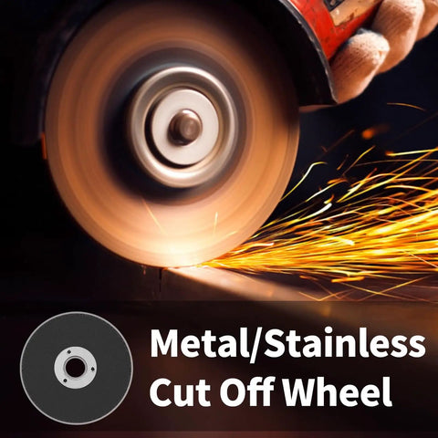 Two Inch Cut Off Wheel Kit With One Quarter Inch Stem Mandrel For Die Grinder showing sparks when cutting metal and stainless steel.