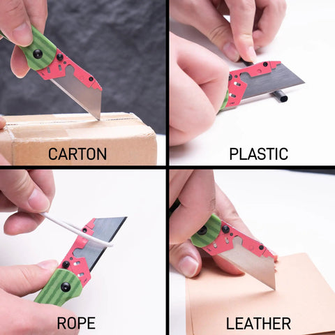 Slick Folding Utility Knife With Foolproof Toolless Blade Swap And Solid G10 Handle cutting carton, plastic, rope, and leather.