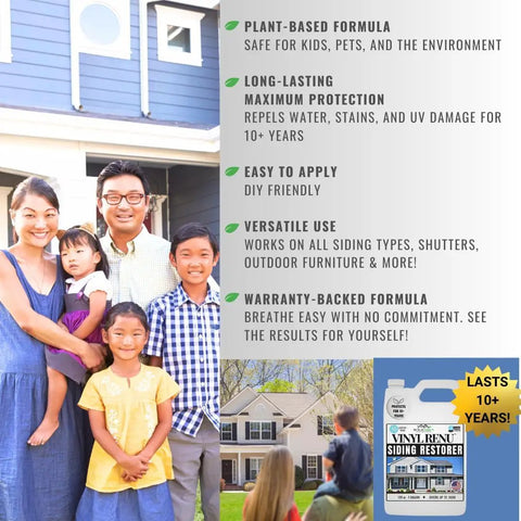 Premium Siding Restorer Kit That Brings Back Original Color To Vinyl Metal And Hardie Siding For A Fresh Look That Lasts 10 Plus Years Rejuvenates And Protects Siding Doors And Patio Furniture Complete One Gallon Kit shown with benefits