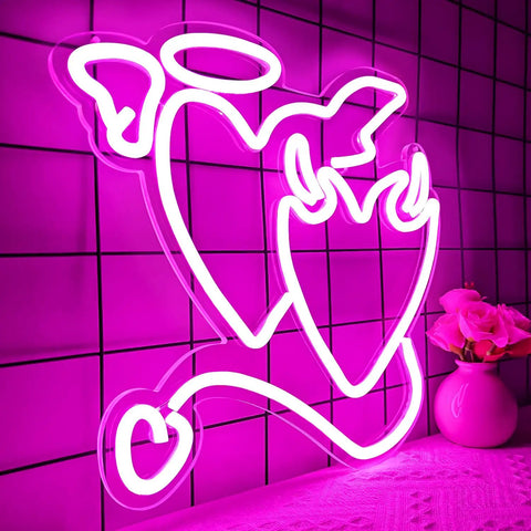 Pink Heart Angel Devil Neon Sign LED Light For Bedroom Wall Decor 14 By 13 Inch Acrylic Love Neon on tile wall