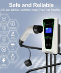 Wall Mounted EV Charger Station Smart 7Kw Single Phase Adjustable 8 To 32Amps Wifi Bluetooth Rfid Enabled 5Meter Tethered Cord display with protection features.