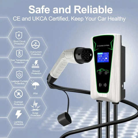 Wall Mounted EV Charger Station Smart 7Kw Single Phase Adjustable 8 To 32Amps Wifi Bluetooth Rfid Enabled 5Meter Tethered Cord display with protection features.