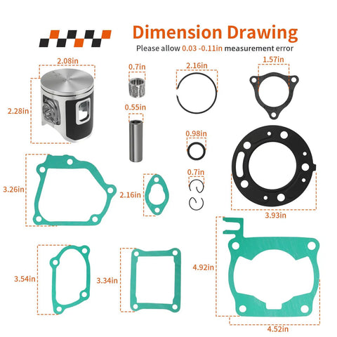 Dimension drawing of 54mm Size B Piston Top End Rubuild Kit For Honda CR125R 1992-1999 Rebuild Set Including 13110-KZ4-505