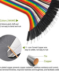 Close-up of 240-Piece Dupont Jumper Wire Kit with 10cm and 20cm cables, showing 10 colors and tin-copper wire details.