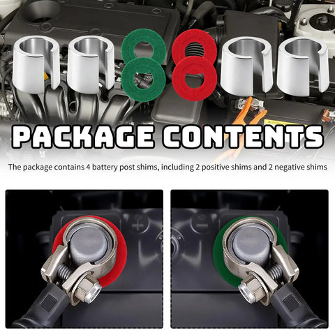 4 Pack Battery Terminal Shims Kit For Cars And SUVs With Positive And Negative Post Washers Restores Tight Metal Contact Ends Draggy Starts And Loose Posts No Nonsense Upgrade For Smoother Electrical Performance showing package contents with shims and washers.