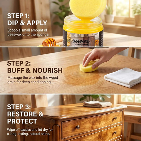 Step-by-step use of Beeswax Wood Seasoning Set Three Pack Natural Furniture Polish For Wood Revives Dull Surfaces Deepens Grain And Gives That Boss Shine On Furniture Cabinets And Hardwood Floors Complete Wood Care